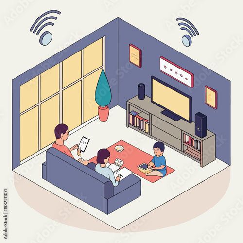 Family watching tv and reading in their living room