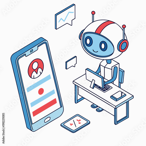Obraz na płótnie A robot wearing headphones sits at a desk with a computer and phone