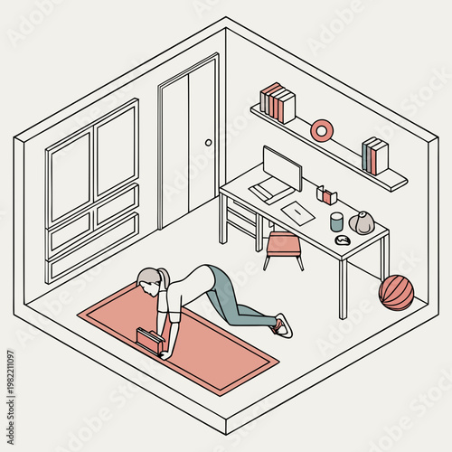 A man doing push-ups on a yoga mat in a home office