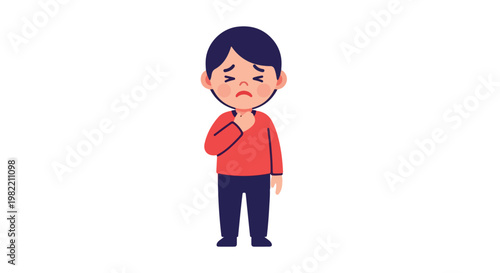 Sad cartoon boy touching his sore throat wearing a red shirt on white background
