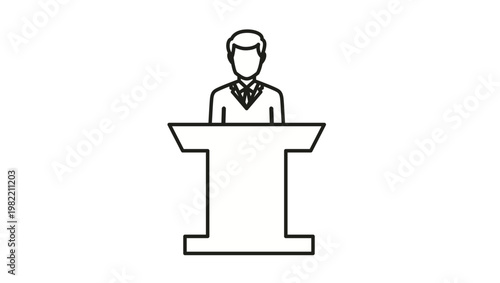 Minimalist black line art vector icon illustration of a professional man in a suit standing behind a podium or lectern, representing public speaking, presentations, lectures, and leadership