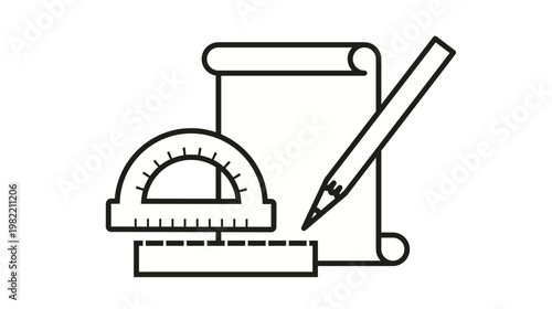 Drafting tools vector icon featuring a paper scroll, protractor, ruler, and pencil. Minimalist black line illustration for architecture, engineering, technical drawing, and education design.