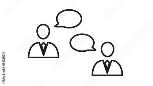 Black and white vector icon illustration of two business professionals in suits engaged in a conversation with speech bubbles, symbolizing dialogue, communication, networking, and discussion.
