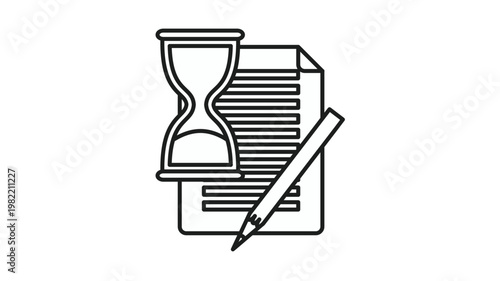 Black vector icon illustration of an hourglass, document, and pencil, symbolizing time management, deadlines, exam preparation, writing tasks, and efficient project scheduling and planning.