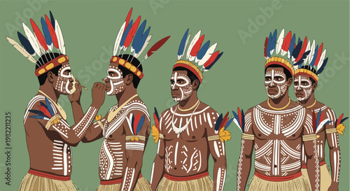 Group of indigenous men with tribal body paint and colorful feather headdresses