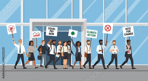 Diverse office workers holding protest signs outside of a modern glass building