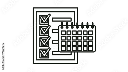 Black vector icon illustration of a checklist with checkmarks and a calendar, symbolizing task management, project planning, scheduling, organization, productivity, and deadline tracking.