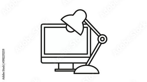 Minimalist black vector icon illustration of a computer monitor and a classic adjustable desk lamp, symbolizing a workspace, home office, study area, or digital design environment.