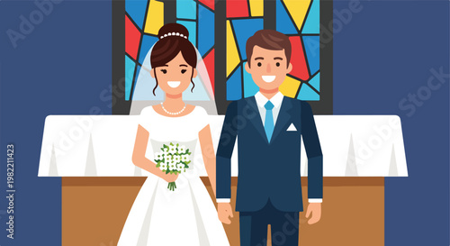 Smiling bride and groom in a church with a colorful stained glass window behind