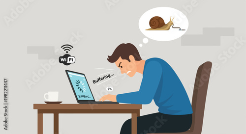 Angry man frustrated by slow buffering internet and low Wi-Fi speed on laptop