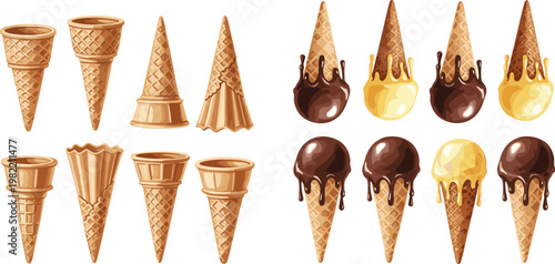Delicious Ice Cream Cone Vector Set with Waffle Cones, Chocolate, and Vanilla Flavors for Dessert and Sweet Treat Designs