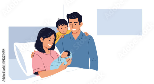 Happy family with a newborn baby in a hospital room celebrating a new birth