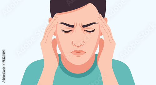 Vector illustration of a person suffering from a migraine with hands on temples