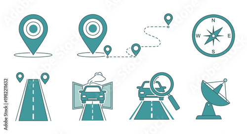 Navigation icons for travel and directions.