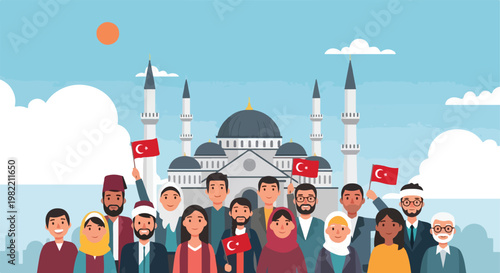 Diverse Turkish people waving national flags in front of a grand mosque