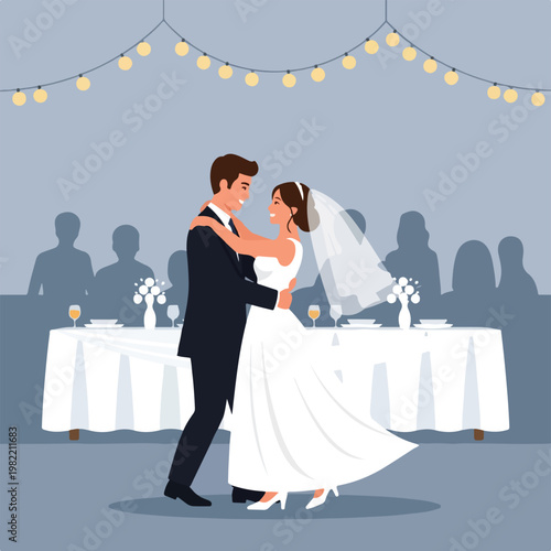 Newlyweds dancing happily at their wedding reception with guests and lights