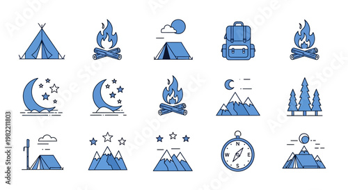 Camping icons and travel symbols.