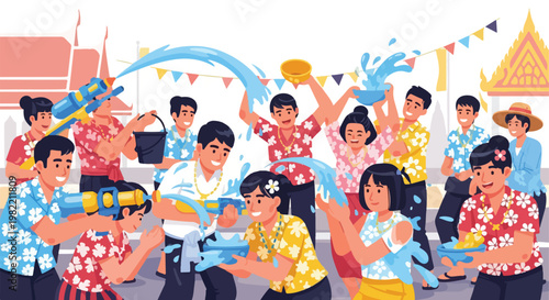 People in floral shirts splash water with guns and bowls at a joyful festival