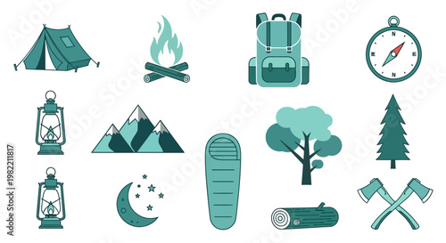 Camping icons and travel symbols.