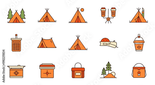Camping gear and equipment icons set.