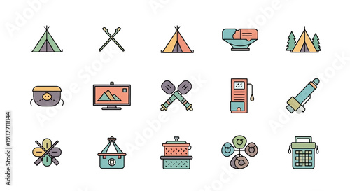 Camping icons and travel symbols.