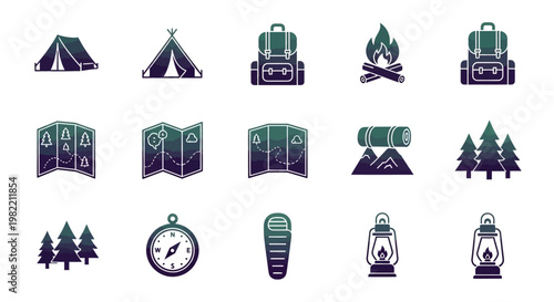 Camping icons and travel symbols.