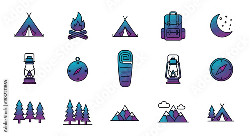 Camping icons and travel symbols set.