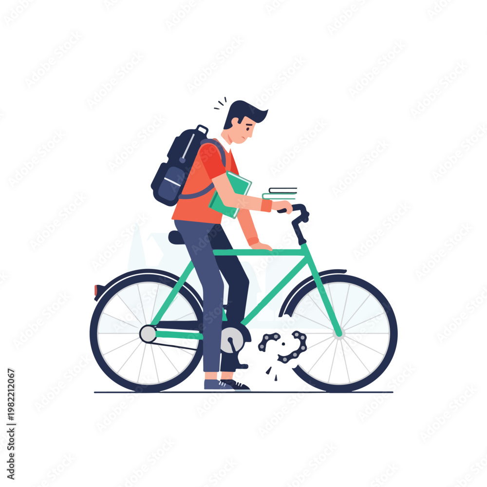 Fototapeta premium A student with backpack looking sad at his green bike with a broken metal chain
