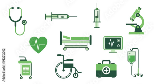 Medical equipment and healthcare symbols.