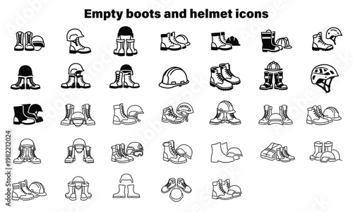 Collection of various safety footwear and headgear illustrations, protective gear set, construction worker accessories, industrial apparel graphics.