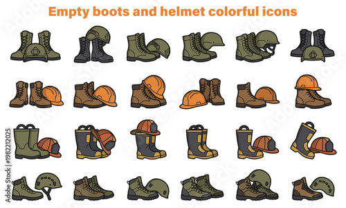 Collection of various protective footwear and safety headgear illustrations, work gear icons, industrial equipment graphics, uniform apparel symbols.