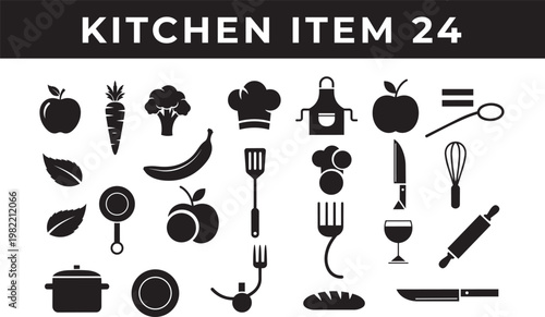 A simple vector set of food and drink icons featuring kitchen tools, cooking items, and restaurant symbols in a clean design