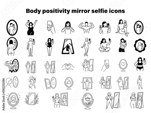 Diverse body positivity mirror selfie icons, inclusive self love graphics, illustrated wellness silhouettes, varied reflection sketches.
