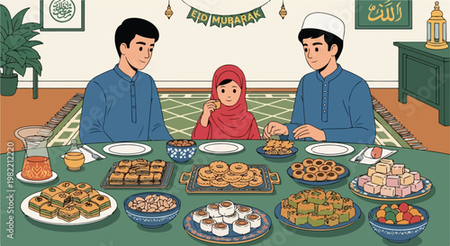 Muslim family enjoys a traditional feast of sweets for their Eid celebration