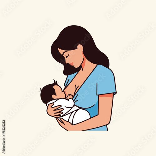 Minimalist illustration of a mother breastfeeding her newborn on plain backdrop