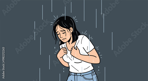 Distressed woman shivering and clutching her chest while standing in heavy rain