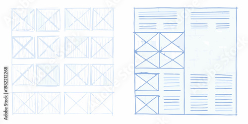 Blueprint sketches depicting website or application layout design concepts