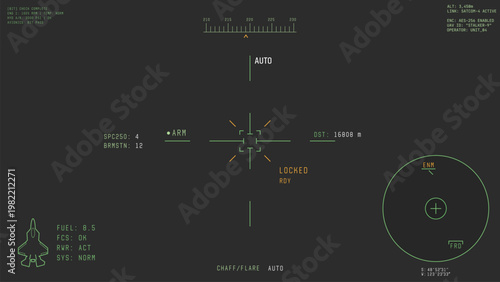 War strike aircraft pod camera viewfinder overlay. Template for military battle plane or drone video. Camera frame template. Green lines Ui on background. Realistic combat targeting combat frame. 