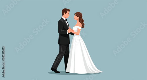 Bride and groom in wedding attire holding hands against a plain grey backdrop