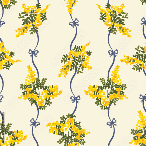 Obraz na plátně Yellow mimosa floral stripe with blue ribbon for textile print for fabric, seaml