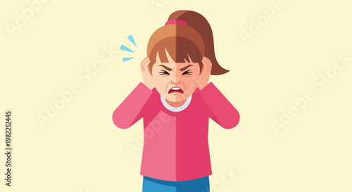 Angry young girl covering ears to block loud noise, flat vector illustration