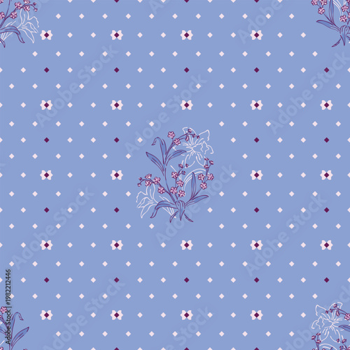 Floral bouquet design on periwinkle blue background for textile print for fabric, seamless pattern with dotted backdrop and delicate flowers