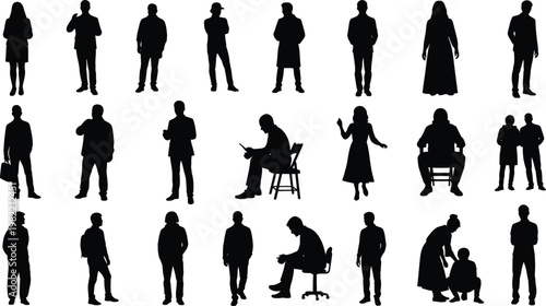 Collection of diverse human silhouettes in various standing and sitting poses isolated