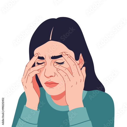 Flat vector art of a stressed woman with a painful headache holding her temples