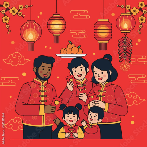 Happy multiethnic family celebrating Lunar New Year with red envelopes and icons