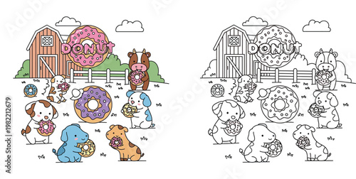 Cute cartoon dogs and cow eating donuts on a farm illustration set and line art coloring page for kids