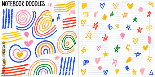 Colorful doodles and sketches fill the pages of a lined notebook