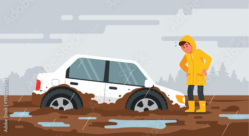Man in yellow raincoat watching a white car stuck in thick mud during heavy rain