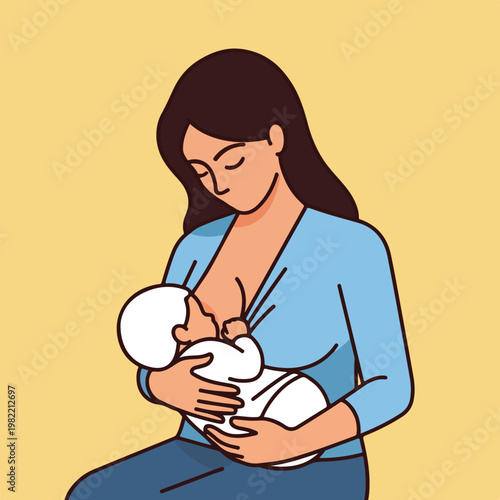 Vector illustration of a mother breastfeeding her infant child in her warm arms