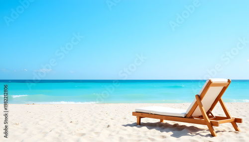 Tranquil beach scene with lounge chair by the blue sea, relaxation